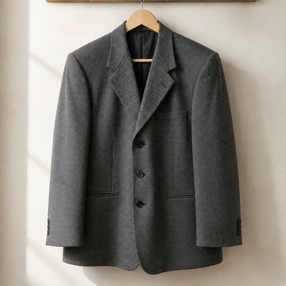 Jeffrey Banks Blazer 42R‎ Grey Black 100% Pure Wool Micro Check 3-Button Jacket